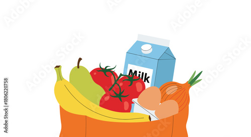 A vibrant and simple flat design illustration featuring a variety of fresh produce, dairy, and eggs inside an orange grocery bag, symbolizing healthy eating and essential food shopping.