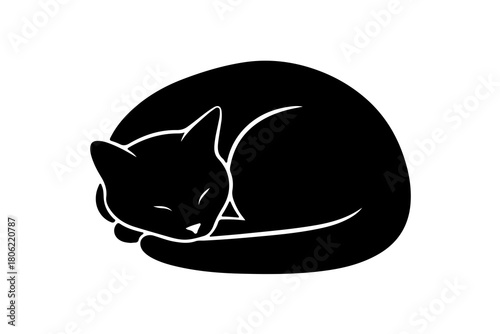 Stylized black silhouette of a sleeping cat curled up in a ball on a white background