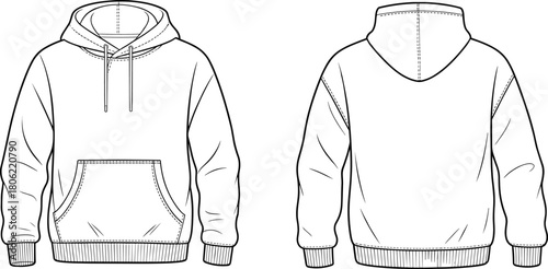 Pullover hoodie technical fashion flat sketch, crossover neck sweatshirt with kangaroo pocket, front and back, cad drawing flat vector