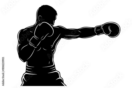 Silhouette of a muscular boxer throwing a powerful punch in a dynamic pose with boxing gloves on white background