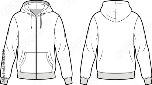 Zip up hoodie technical fashion flat sketch, long sleeve sweatshirt, kangaroo pocket, front and back view, cad drawing flat vector