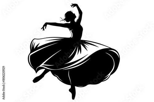 Elegant silhouette of a ballerina in a flowing tutu performing a graceful ballet dance pose with arms outstretched