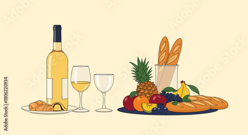 A delightful picnic spread featuring white wine, fresh fruits, croissants, and baguettes, perfect for an outdoor gathering or a cozy meal.