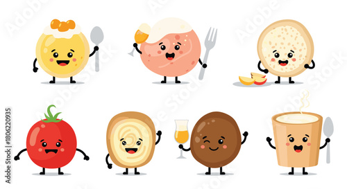 A delightful collection of adorable food characters, including fruits, desserts, and breakfast items, depicted with happy expressions and holding various utensils.