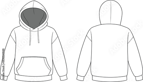Oversized drop shoulder hoodie technical fashion flat sketch, pullover sweatshirt with kangaroo pocket, front and back, cad drawing flat vector