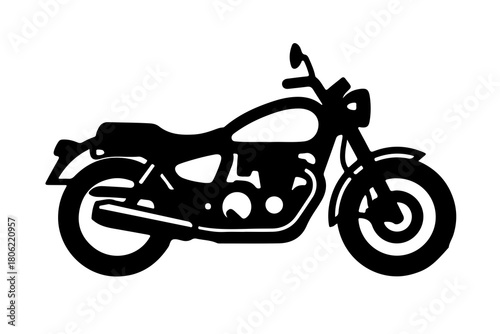 A striking black silhouette of a classic cruiser motorcycle isolated on a clean white background