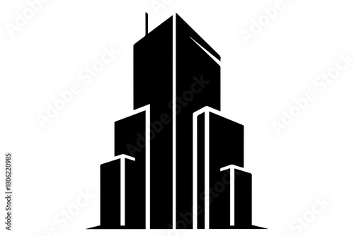 Modern abstract black silhouette of a tall skyscraper building with sharp geometric lines and angles on a white background