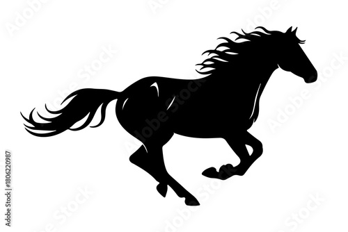 Elegant black silhouette of a powerful horse galloping with its mane and tail flowing freely against a clean white background