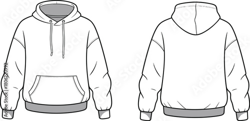 Oversized pullover hoodie technical fashion flat sketch, drop shoulder sweatshirt with kangaroo pocket, front and back view, cad drawing flat vector