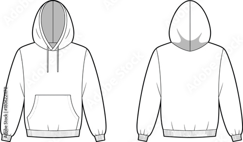 Pullover hoodie technical drawing, front and back view, fashion flat sketch, vector illustration, apparel design template, cad drawing flat vector
