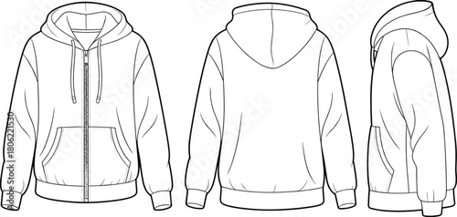 Zip-up hoodie technical drawing, front back side view, fashion flat sketch, vector illustration, apparel design template, sportswear mockup, cad drawing flat vector
