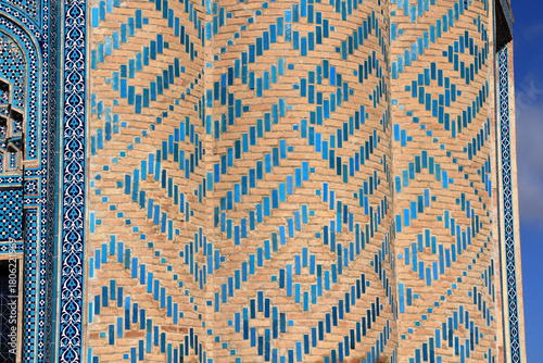 The Karabakh Zawiya and Mausoleum was built in the 12th-14th centuries. The structure's brick and tile decorations are striking. Nakhchivan, Azerbaijan.