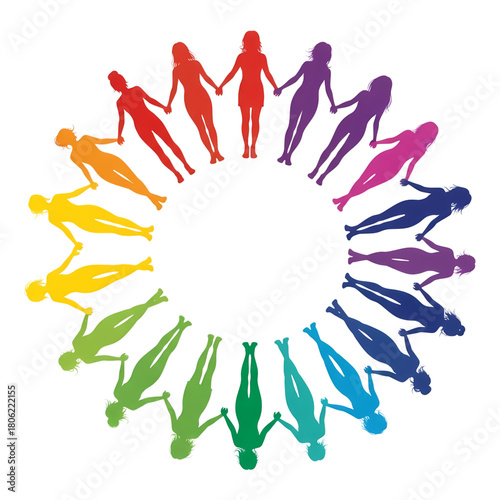Colorful silhouettes of women holding hands in a circle against a on transparent background