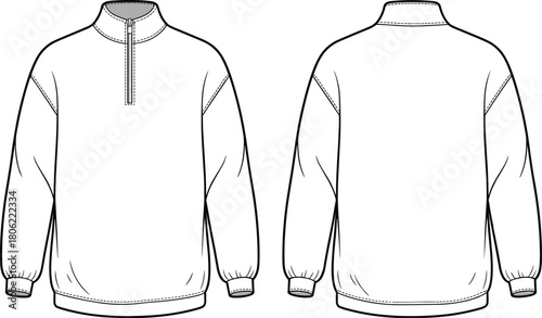 Long sleeve half zip sweatshirt, technical fashion flat sketch, front and back view, mock neck pullover, CAD drawing flat vector
