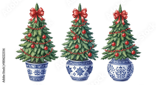 Chinoiserie Christmas Trees with Red and Blue Ornaments in Porcelain Vases – Watercolor Holiday Illustration Set