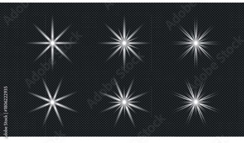 Sparkling star, vector glowing star light effect. Glitter magic star sparks on transparent background