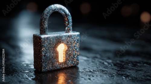 A close-up view of a weathered padlock with a glowing keyhole, set against a dark, reflective surface.