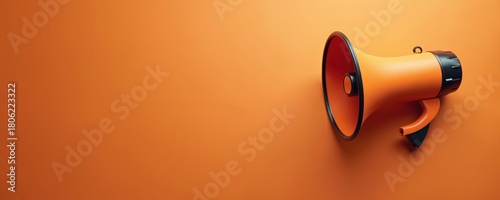 Orange paper megaphone emits sound on plain orange background. This object announces important news and calls for attention. Device is for communication and public address.