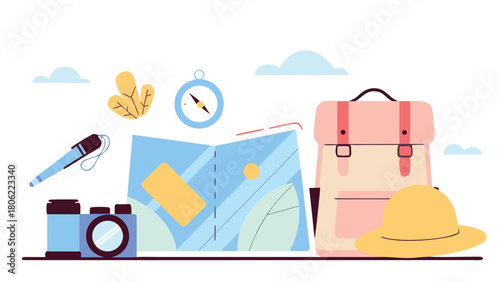 Modern Flat Vector Illustration of Travel and Tourist Gear Collection