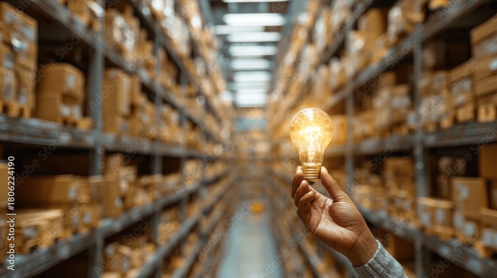 Obraz premium A person holding a glowing lightbulb in a warehouse filled with boxes.