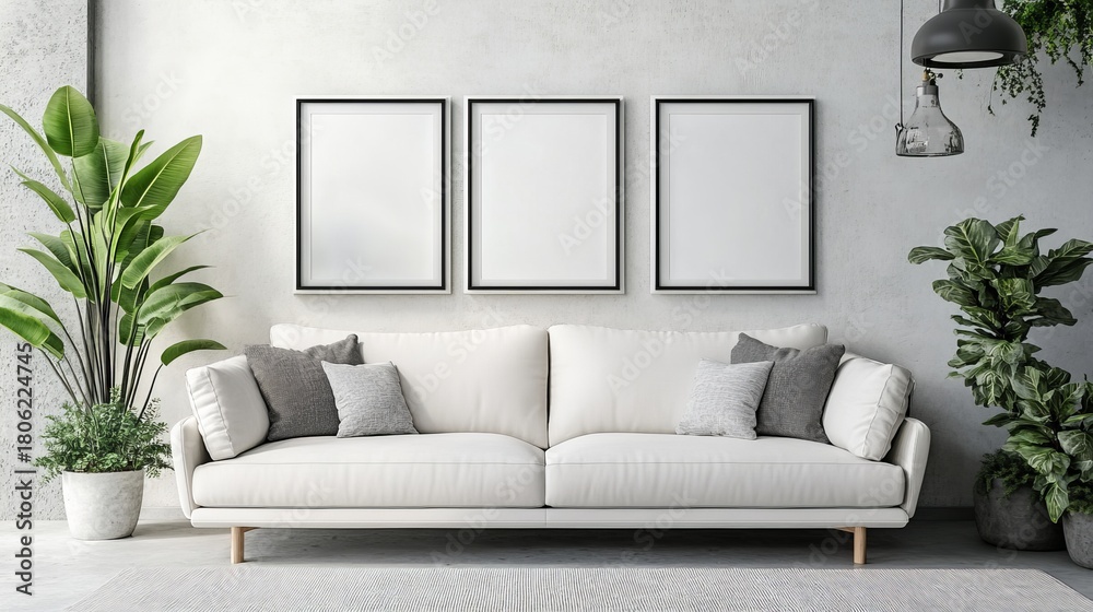 Fototapeta premium Cozy modern living room with stylish sofa, plants and elegant decor accents