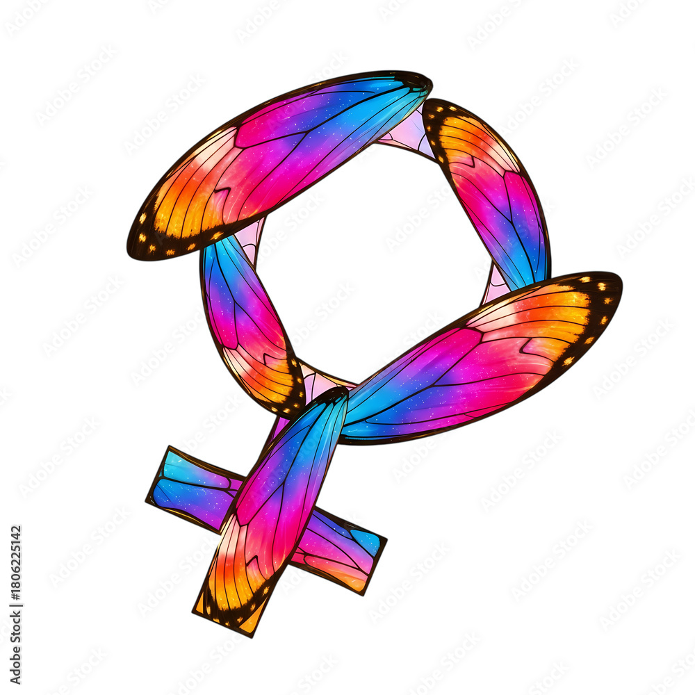 Obraz premium Feminine symbol crafted from vibrant butterfly wings against a stark black backdrop on transparent background