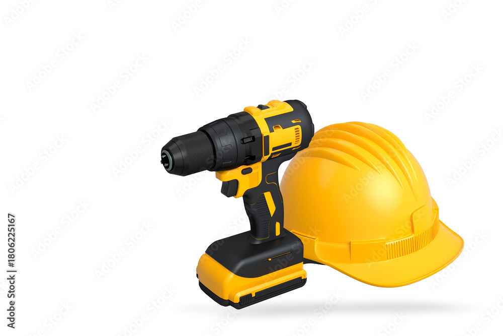 Obraz premium Cordless drill and safety helmet isolated on white background with clipping path. Concept of construction, safety, and power tools
