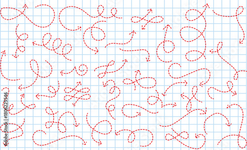Squiggly dotted arrow doodle set. A collection curved dashed arrow icons designs. Curved arrows. Arrow sign. Curly red arrow doodle icons set. Vector illustration,  isolated on blue checkered paper