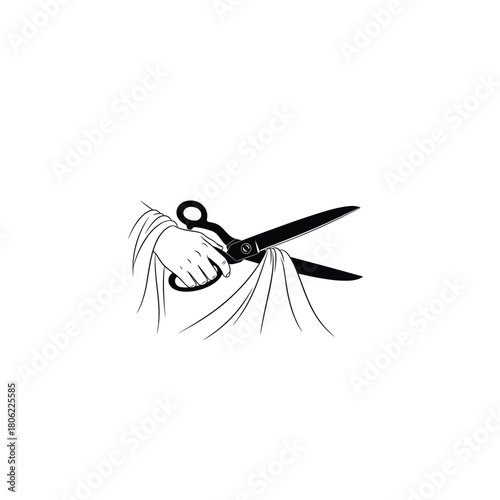 Artistic illustration of scissors cutting through flowing fabric with a textured effect