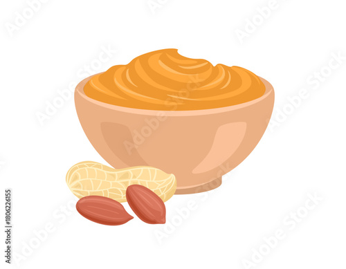Creamy peanut butter in bowl isolated on white background. Vector cartoon flat illustration.