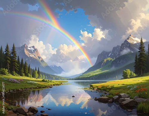 A serene landscape featuring a vibrant rainbow over a tranquil mountain lake