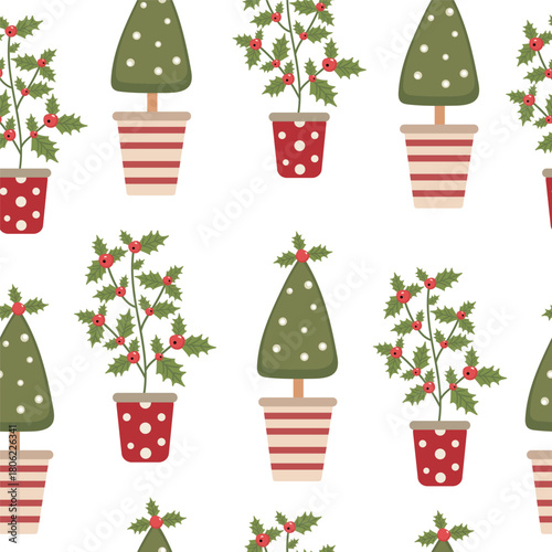 A festive Christmas pattern with potted fir trees and holly
