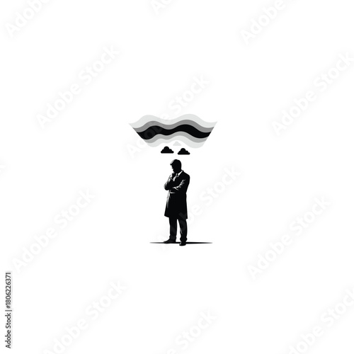Man in suit contemplating a dark abstract cloud formation above his head