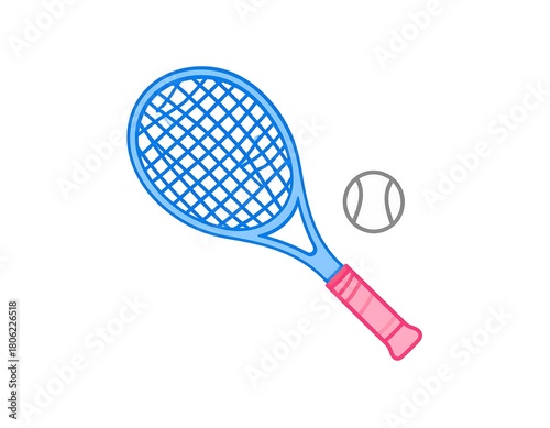 A vibrant illustration of a blue tennis racket with a pink grip and a tennis ball