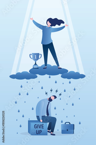 Two types of people - an optimist and pessimist. Businessman loser in rain and female winner for whom sun shines. Emotional states, emotions - happiness and sadness.