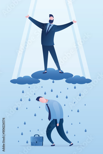 Businessman loser in rain and leader is winner for whom sun shines. Emotional states, emotions - happiness and sadness. Positive and negative thinking.