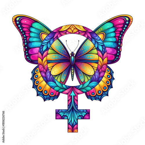 Colorful butterfly with female symbol in vibrant psychedelic art on transparent background