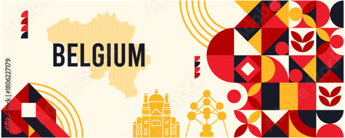 Belgium Geometric Modern Art with Landmarks and National Flag Colors