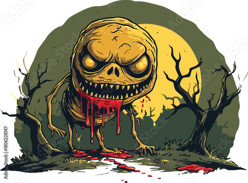 Creepy monster with sharp teeth and blood in a spooky forest