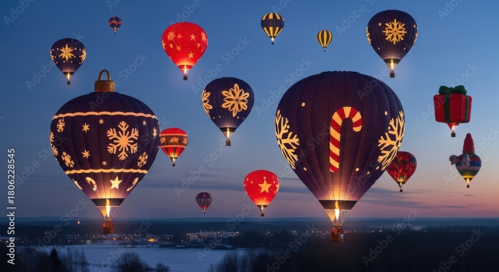 Fototapeta premium Spectacular Christmas holiday hot air balloons glowing at twilight create a festive and magical winter wonderland scene perfect for seasonal cheer