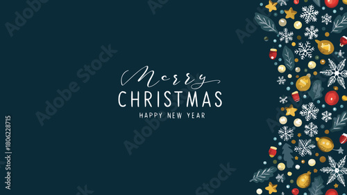 Merry christmas and happy new year text with festive ornaments on a dark teal background design element