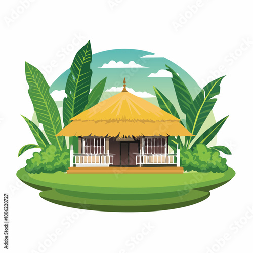 Peaceful tropical bungalow concept with a thatched roof surrounded by lush jungle foliage and greenery