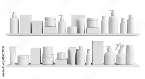 Cosmetics collection on shelves product mockup showcase transparent background