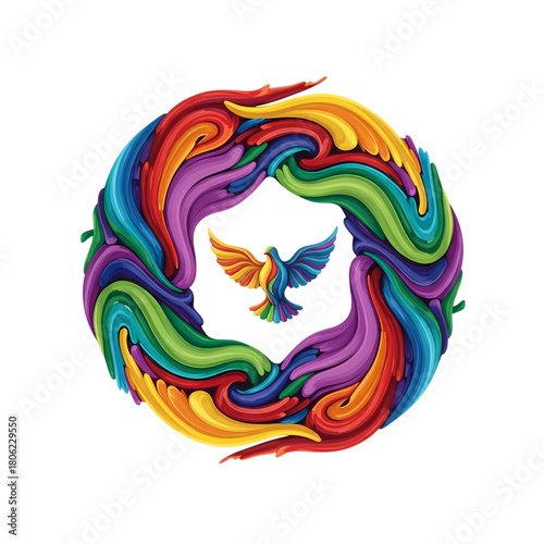 Colorful dove illustration with rainbow swirl design art piece on transparent background