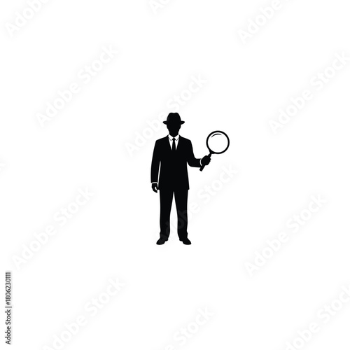 Silhouette of a detective in a suit and hat holding a magnifying glass