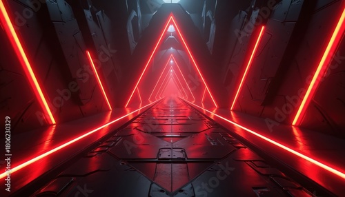 Fototapeta Naklejka Na Ścianę i Meble -  Abstract futuristic tunnel with red neon light elements. Interior design in a dark setting. 3D render of a geometric corridor. Cyberpunk style design for wallpaper or background.