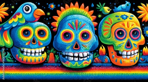 Wallpaper Mural Vibrant and colorful artistic depiction of three decorated sugar skulls with bird companions and floral elements. Torontodigital.ca