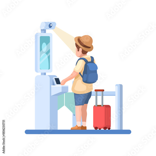 Modern Airport Autogate Immigration.  Travelers Using Automated Passport Control Illustration Vector