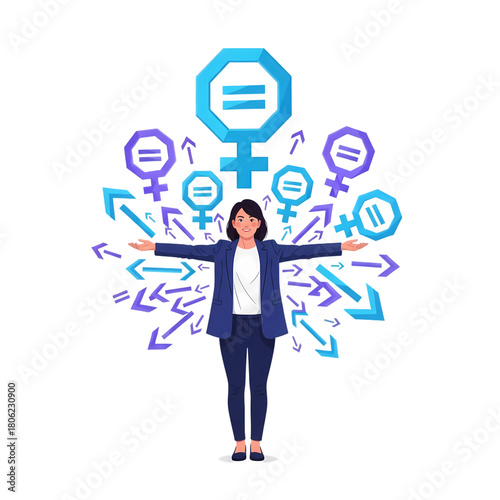 Empowered woman stands for gender equality and women's rights with open arms on transparent background