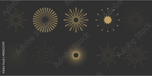Sun line boho sunrise gold logo icon art moon sunburst set a glowing outline. It pairs with magic and light design. A minimalist celestial element.